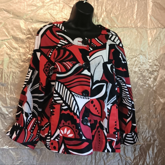🗺 Rafaella Abstract Artsy, Stretchy Blazer, Large Buttons Size Large Cuffed EUC - Picture 5 of 10